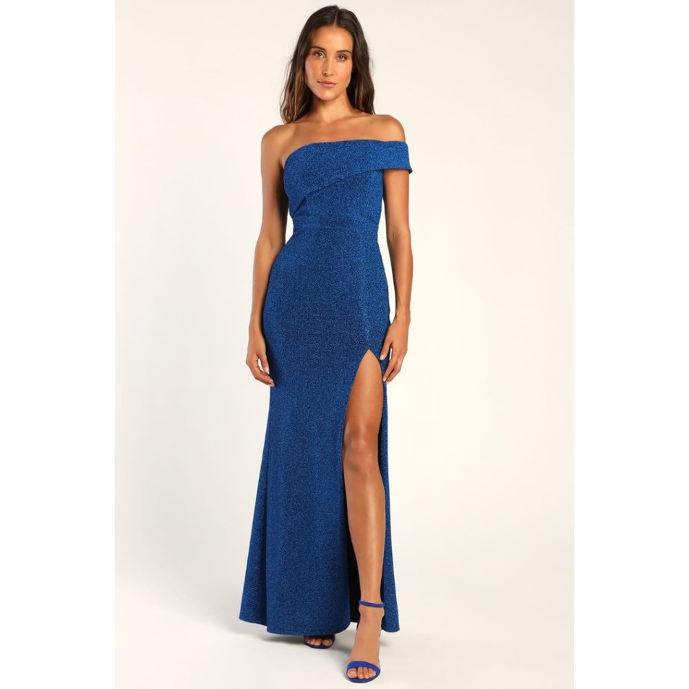 NWT LULU'S Brightest Beauty Shiny Royal Blue One-Shoulder Maxi Dress